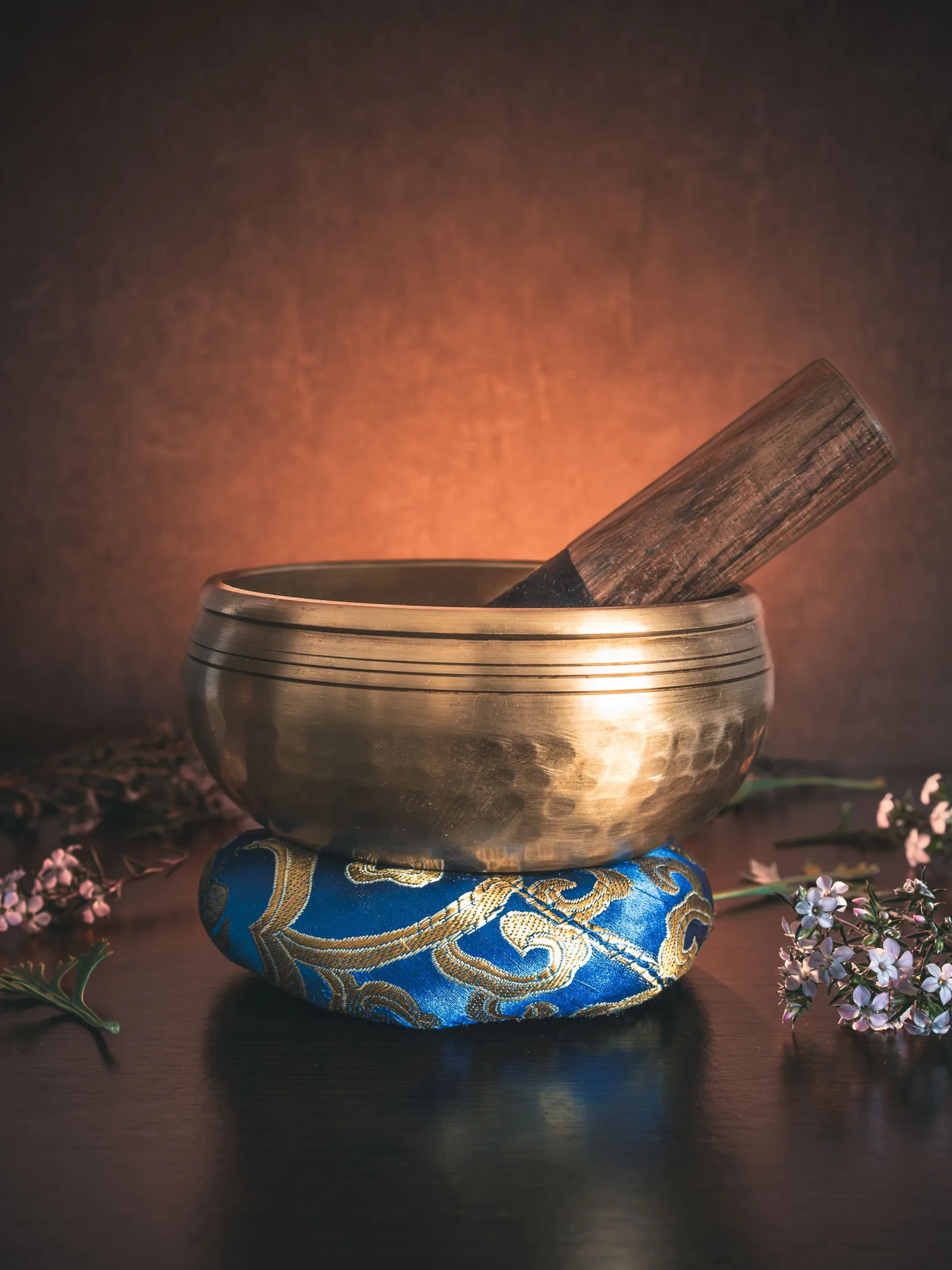 Tibetan copper singing bowl still life — traditional meditation object, handcrafted copper