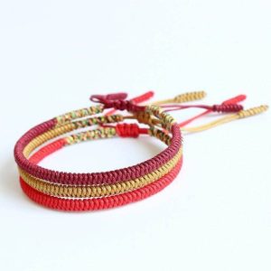 Tibetan braided lucky knot bracelet, red and gold, hand-knotted