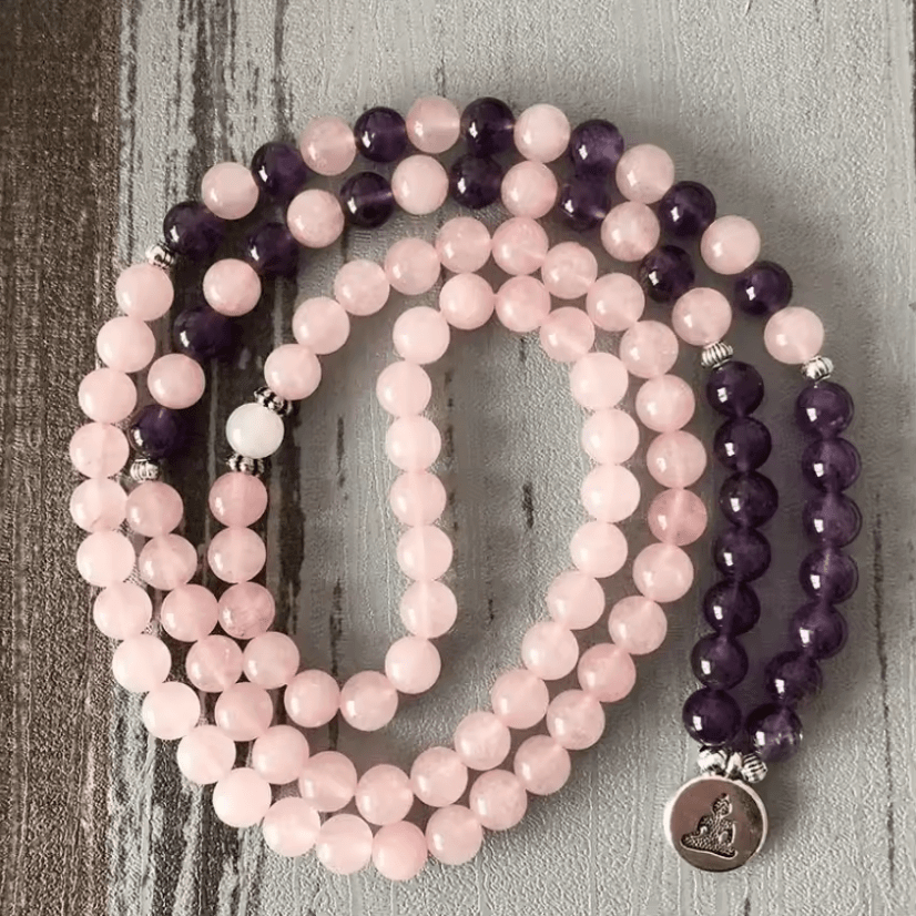 Collier mala en Améthyste et Quartz Rose, artisanat traditionnel, artisanat fait main, vue supplémentaire 1