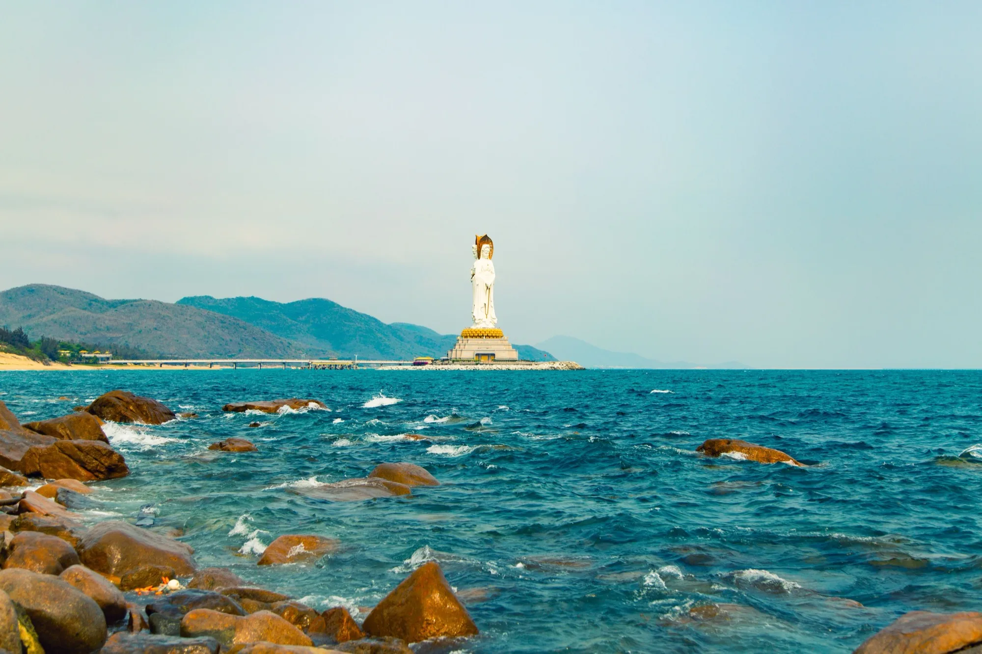 The 108-meter Guanyin of Nanshan statue standing in the sea off Sanya, Hainan, China, the tallest Guanyin statue in the world
