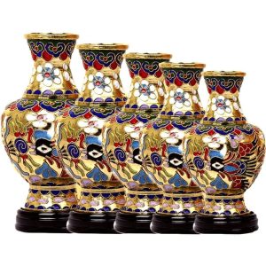 Paire de Vases Chinois en Cloisonné, Motif Dragon et Phénix, Paire de vases en cloisonné chinois ornes des motifs traditionnels du dragon et du phénix, symboles d'harmonie.