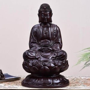 Statue Bouddha Amitabha en Bois de Santal Noir ou Bois de Padouk, Statue de Bouddha Amitabha sculptee à la main, disponible en bois de santal noir ou en bois de padouk.