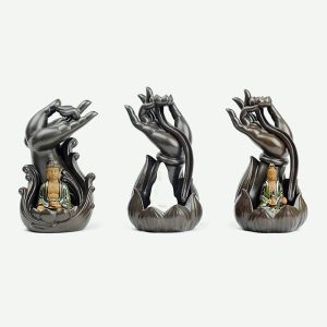 Porte Encens à Refoulement Main de Bouddha en Céramique, Porte-encens à refoulement en céramique, sculpté en forme de main de Bouddha, pour cônes d'encens à fumée descendante.