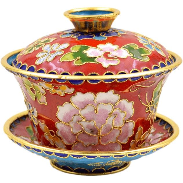Tasse à Thé Chinoise en Cloisonné, Tasse à thé en émail cloisonné chinois, motifs peints à la main sur structure en cuivre.