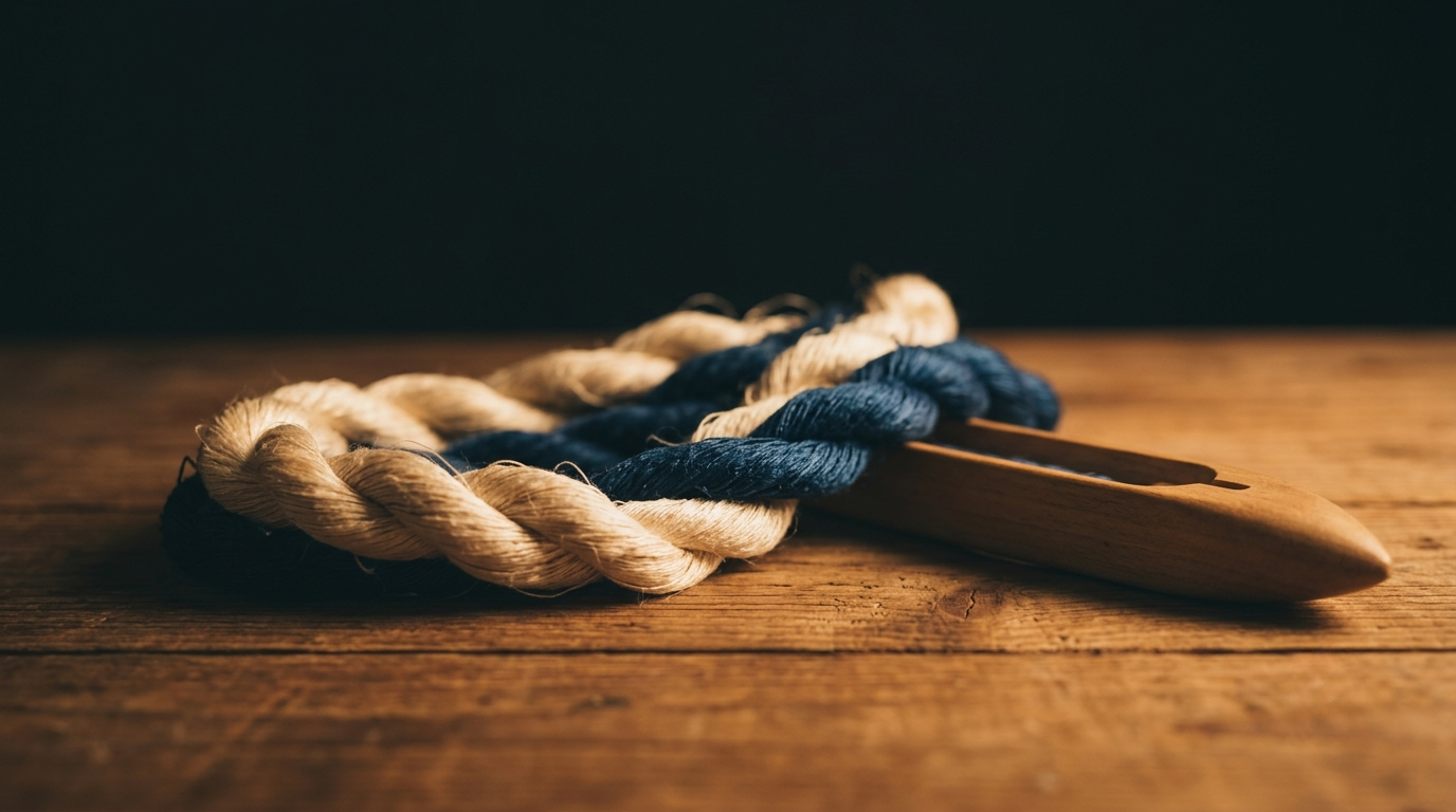 Fils de soie noués ensemble, navette en bois