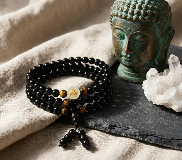 Collier mala 108 perles en obsidienne noire et oeil de tigre, medaillon zodiacal grave a l or, presente en still life avec une tete de bouddha en bronze et un cluster de quartz sur une ardoise