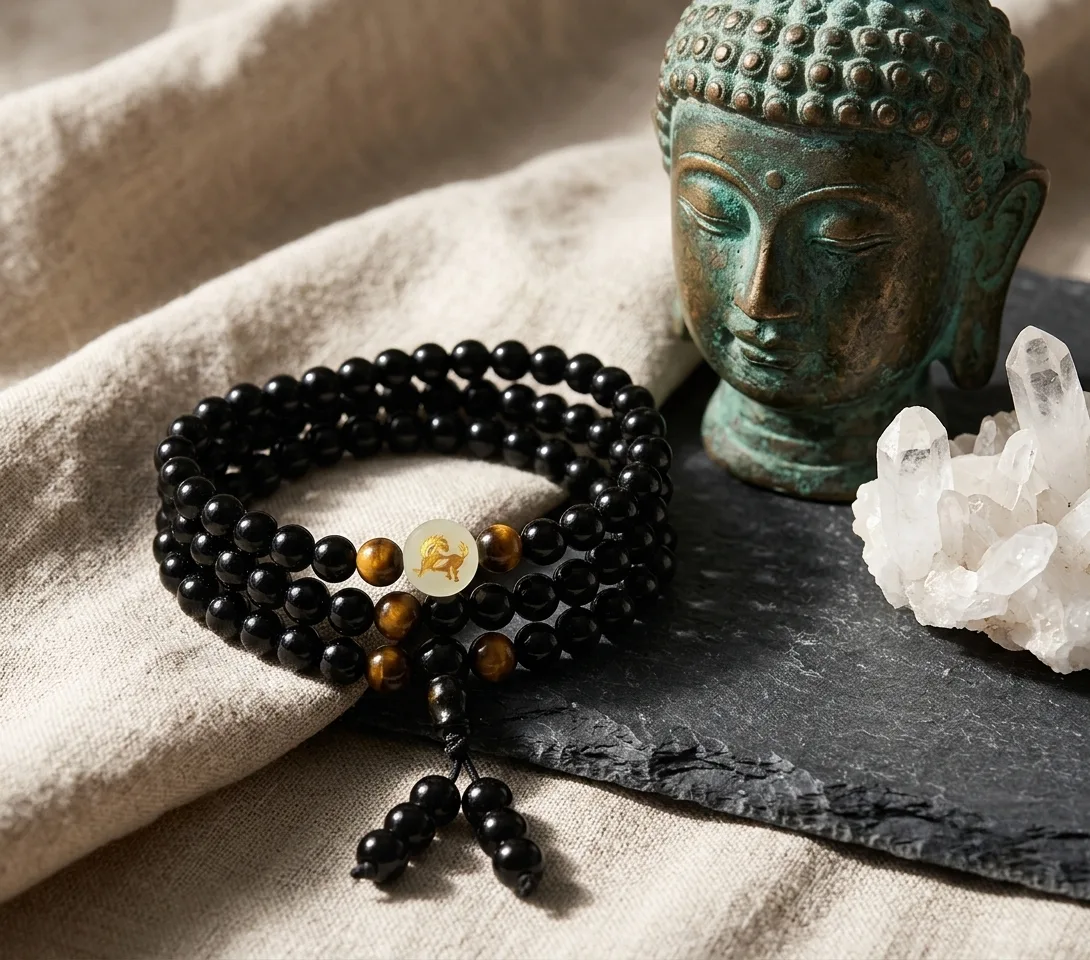 Collier mala 108 perles en obsidienne noire et oeil de tigre, medaillon zodiacal grave a l or, presente en still life avec une tete de bouddha en bronze et un cluster de quartz sur une ardoise