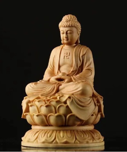 Dhyana Mudra Buddha-Statue, geschnitzte Zypresse